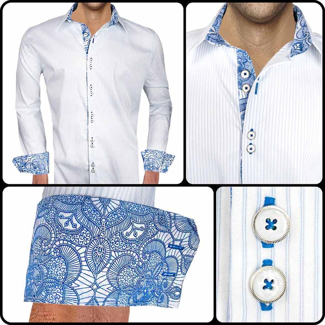 White With Blue Metallic Accent Men's Designer Dress Shirt - Made to ...