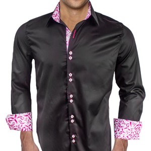 Breast Cancer Awareness Dress Shirt - Black with White and Metallic Pink Ribbons