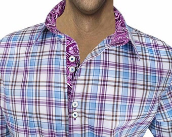 Purple Plaid Men's Designer Dress Shirt 
