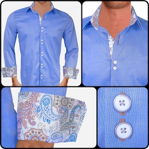 Blue with Brown Men&#39;s Designer Dress Shirt - Made To Order in USA