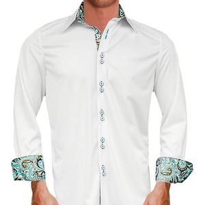 White with Teal and Brown Paisley Moisture Wicking Dress Shirt - Made in USA