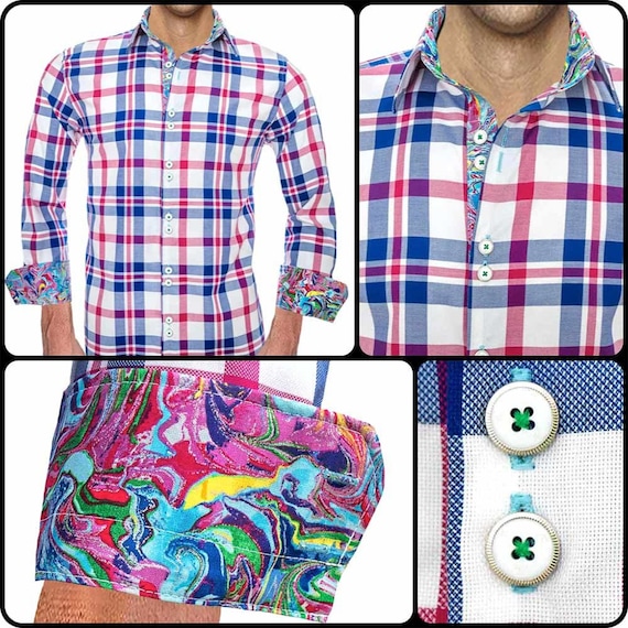 Mens Colorful Plaid Dress Shirts Made 
