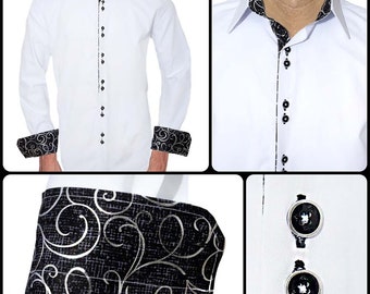 White with Black Paisley Men&#39;s Designer Dress Shirt - Made To Order in USA
