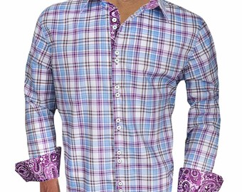 Purple Plaid Men's Designer Dress Shirt 