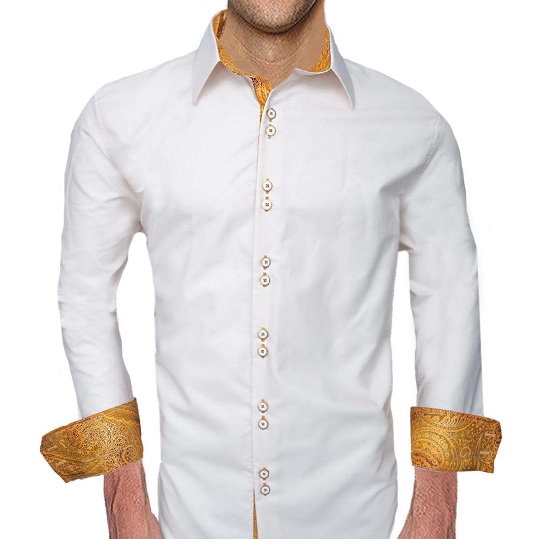 white and gold button down shirt