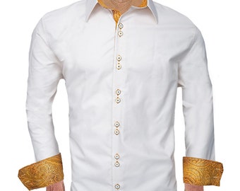 Cream with Gold Men&#39;s Designer Dress Shirt - Made To Order in USA
