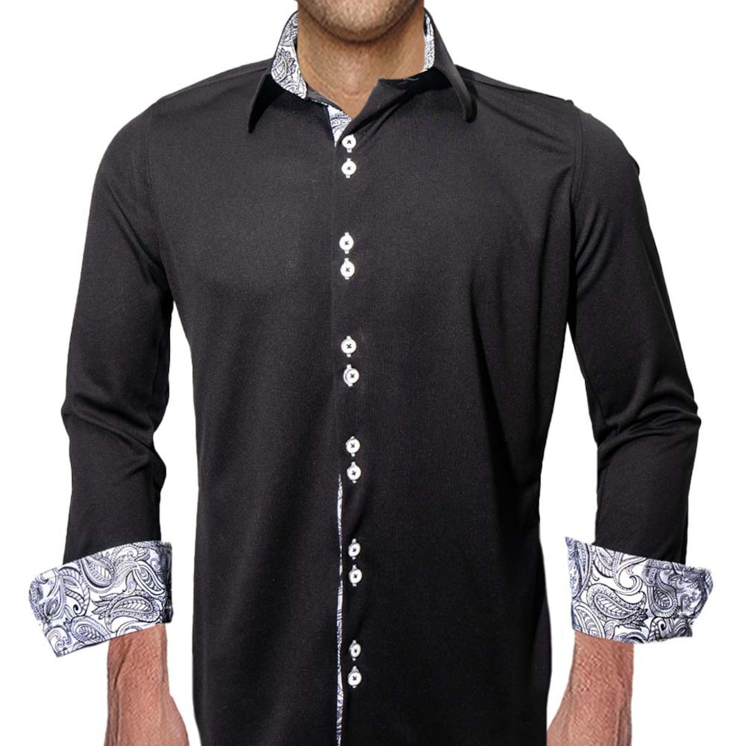 mens dress shirts with printed cuffs Grey French Cuff Shirt Slim Fit, Patterned Reversible Cuff