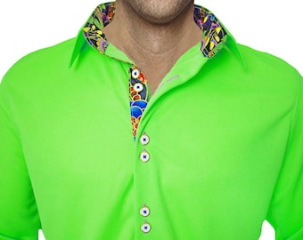 Neon Green With Multi color Moisture Wicking Dress Shirt Made in USA Etsy