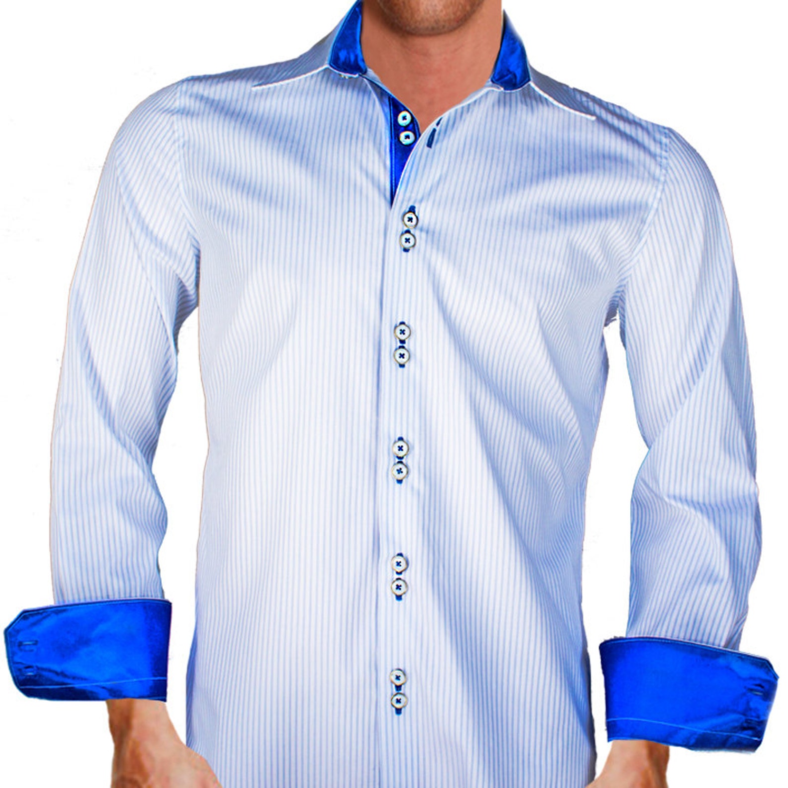 White With Shiny Blue Contrast Men's Designer Dress Shirt Made to Order ...