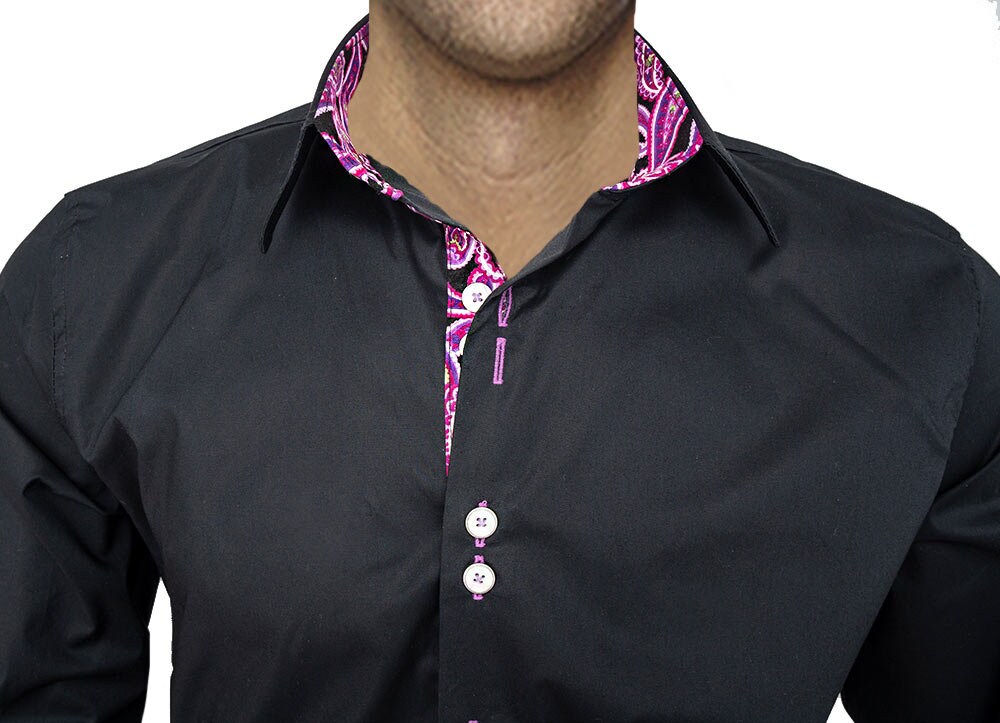 mens pink and black dress shirt Black with Neon Pink Moisture Wicking Dress Shirt