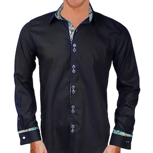 Black with Metallic Gold and Teal Designer Dress Shirt - Made To Order in USA