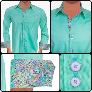 Light Green with Metallic Paisley Men&#39;s Designer Dress Shirt - Made To Order in USA