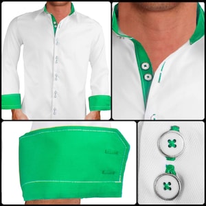White with Green Men&#39;s Designer Dress Shirt - Made To Order in USA
