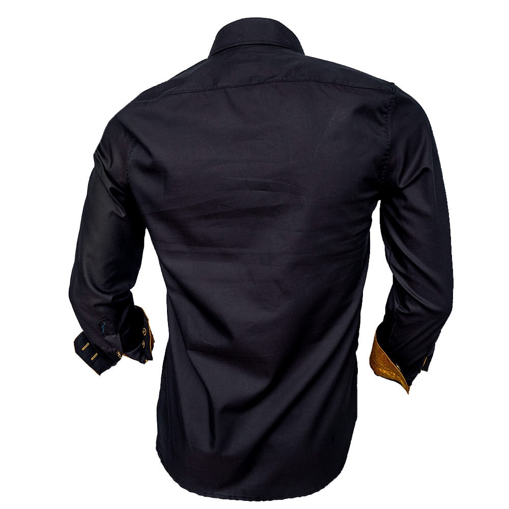 green emerald velvet dress Black Gold Baroque Long Sleeve Men Button Up Shirt, Vintage Retro Print Male Casual Dress Casual Buttoned Collared with Chest Pocket M