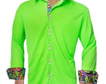 bright green dress shirt for men Men's Apple Green Satin Dress Shirt with Tie & Handkerchief 15.5 34/35 / Apple Green main image 1