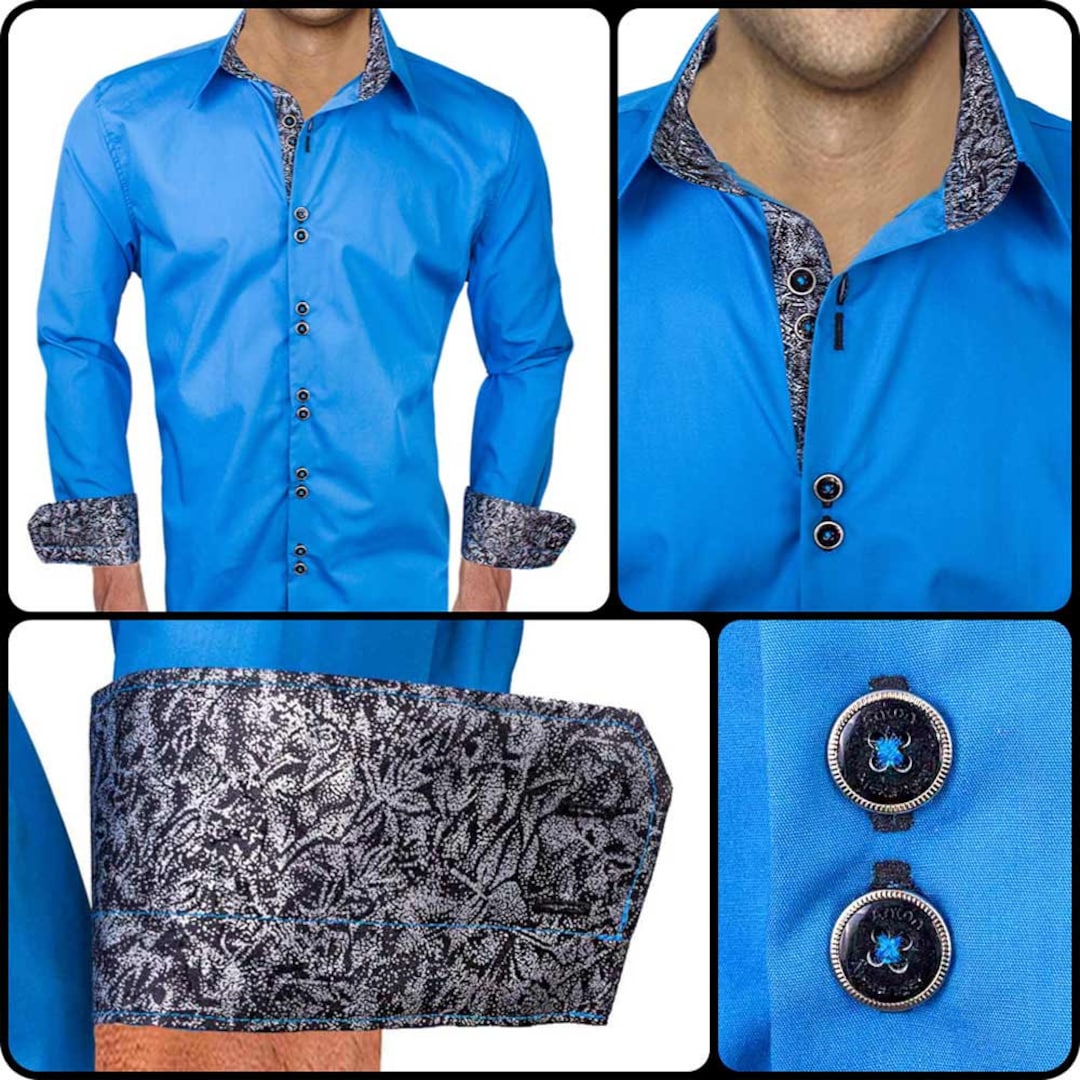 Azul brillante con camisa de vestir de diseñador de hombre metalizado negro  - Hecho a pedido en EE. UU. - Etsy México, image size:1080x1080
