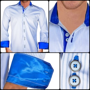 White with Shiny Blue Contrast Men&#39;s Designer Dress Shirt - Made To Order in USA
