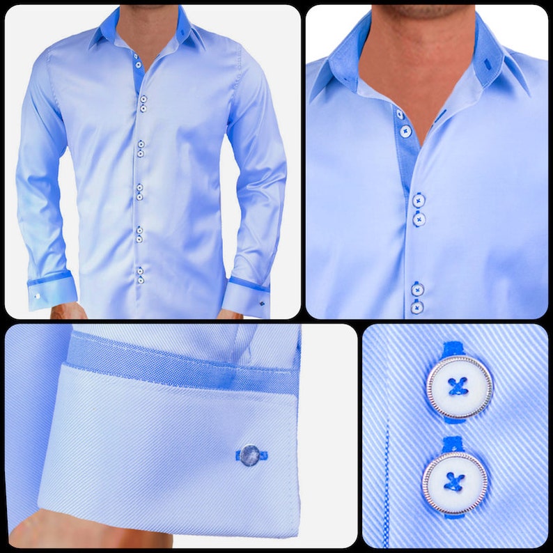 May include: A light blue dress shirt with a contrasting light blue collar and cuffs. The shirt features a button-down front and decorative buttons. The cuffs have a silver cufflink. The shirt is made of a smooth, possibly satin-like fabric.