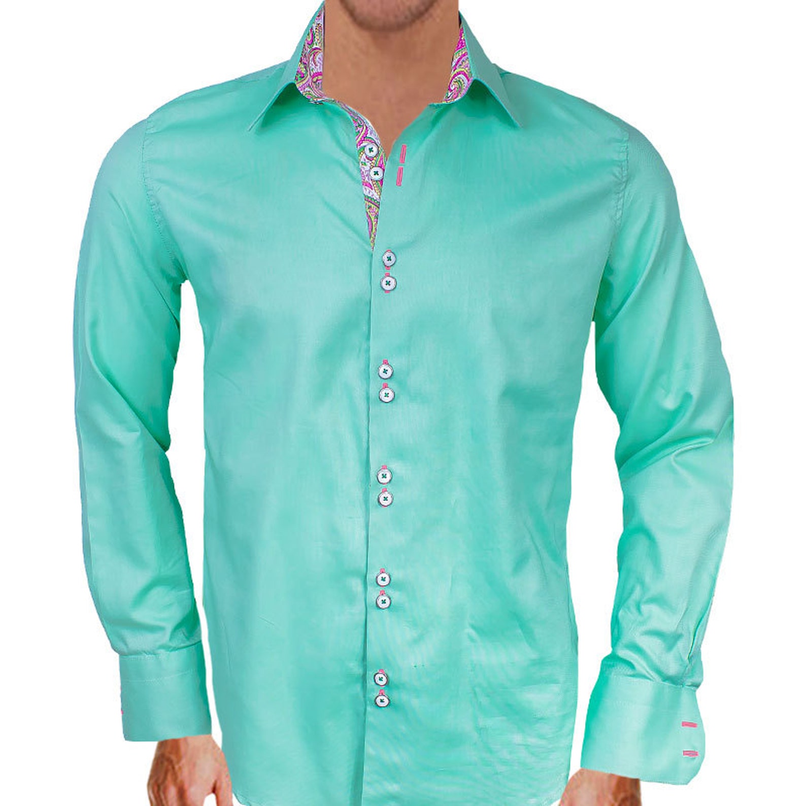 Light Green With Pink Paisley Men's Designer Dress Shirt Made to Order