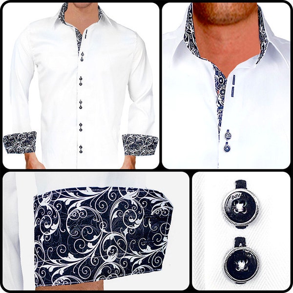 Mens White Dress Shirt Black Buttons Etsy