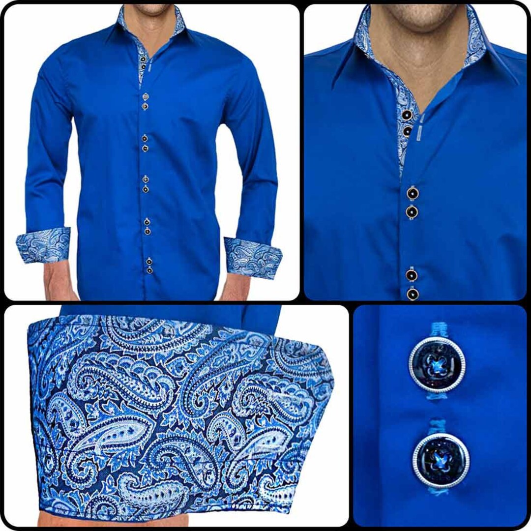 Navy Blue Paisley Men's Designer Dress Shirt Made to Order in USA Etsy