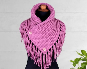 Crochet Cowl Pattern for Women, Dusty Pink Cowl, Cowl With Buttons, Crochet Infinity Scarf, Women's Crochet Scarf, Ribbed Cowl Pattern, PDF