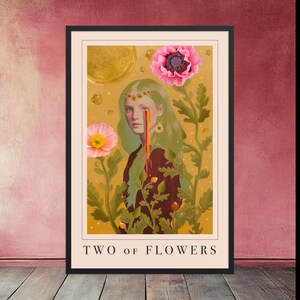 Duas Flores - Impressão de Arte de Tarô - Decoração de Parede Mística emoldurada, Pôster de Pintura Espiritual, Colagem de Pintura Surreal de Cartas de Tarô