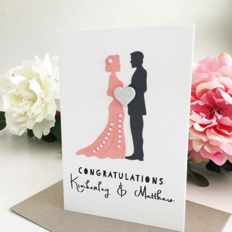 Unique Wedding Gift Custom Wedding Card Peach Wedding Day Card Personalised Wedding Gift Coral Grey Bride Groom Card Congratulations