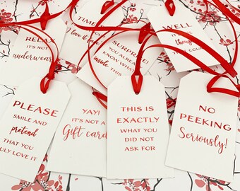 Funny Christmas Gift Tags Set of 8, Red Foil Gift Tags with Ribbon, Funny Gift Labels, Amusing, Cheeky, Funny Quote Tags