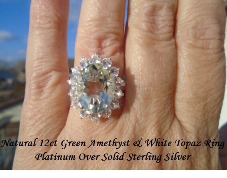 Natural 12 ct Green Amethyst /& White Topaz Ring Size 6
