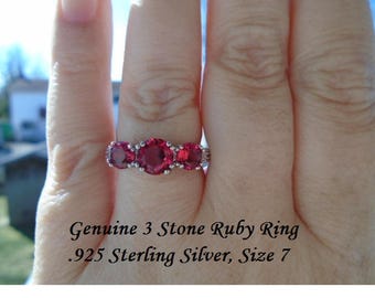 Genuine 3 Stone Blue Sapphire (Size 8) Or Ruby(Size7) Ring