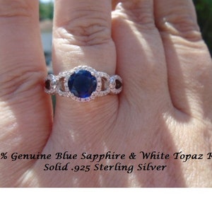 Genuine Blue Sapphire & White Topaz Ring Size 8
