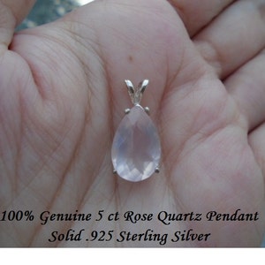 Genuine 5 ct Pear Cut Rose Quartz Pendant Solid .925 Sterling Silver