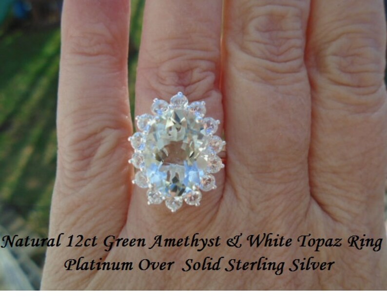 Natural 12 ct Green Amethyst /& White Topaz Ring Size 6