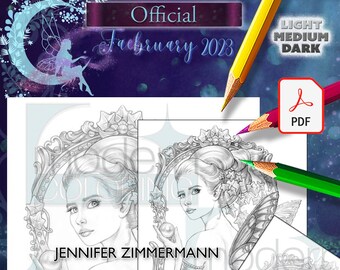 Ivy Fae, febrero, hada, orbe del bosque, escala de grises, escala de grises, página para colorear, retrato, San Valentín, descarga digital,PDF, jennifer zimmermann