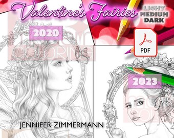 Valentines Fairies, Ivy Fae, Aurae Fae, Faebruary, escala de grises, escala de grises, página para colorear, retrato, descarga digital, PDF, jennifer zimmermann