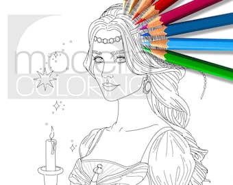 Glow Princess, Secrets of Coloring 2, line art, adult coloring page, beautiful, candle, women, digital download, digital stamp, portrait,PDF