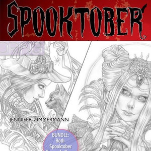Pode incluir: Um pacote de download digital de duas páginas para colorir em tons de cinza com ilustrações assustadoras de mulheres com detalhes intrincados sobre o tema do Halloween. O texto "Spooktober" está na parte superior da imagem. O texto "Jennifer Zimmerman" está na parte inferior da imagem.