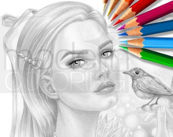 modern fairy princess robina, grayscale, greyscale coloring page, women, animals, digital download, digital stamp, glam, portrait, adult,PDF