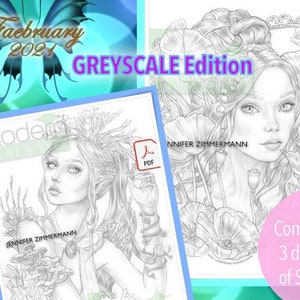 K&ouml;nnte beinhalten: Eine Graustufen-Malvorlage mit einer Frau mit langen Haaren und einer Blumenkrone. Der Text "Faebruary 2021 GREYSCALE Edition" befindet sich oben auf der Seite. Der Text "Jennifer Zimmermann" befindet sich unten auf der Seite.