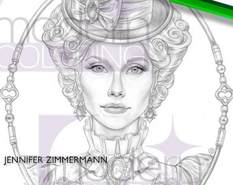 Lady Turkington, steampunk, escala de grises, página para colorear en escala de grises, retrato, mujer hermosa, imprimible, descarga digital, sello, PDF, zimmermann
