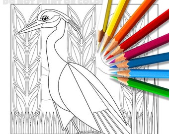 May include: A black and white line drawing of a heron standing in a pond with lily pads. The heron has a long neck and long legs. The pond is surrounded by tall grass.