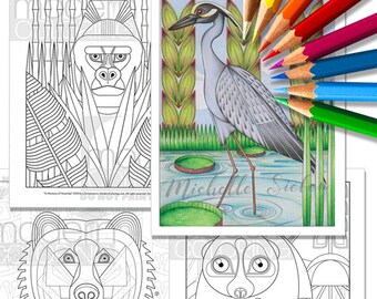 May include: Four black and white line art colouring pages featuring a gorilla, a heron, a bear, and a lemur. Each animal is surrounded by geometric patterns and foliage. The text "DO NOT PRINT OR COLOR" appears at the top of each page.