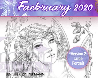 Delphine *V2 Retrato, primer plano, ensueño, hada, febrero, escala de grises, escala de grises, página para colorear, imprimible, digital,PDF, jennifer zimmermann