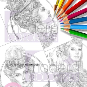 May include: A bundle of three grayscale coloring pages featuring steampunk-inspired women with intricate details. The pages are titled "Jennifer Zimmerman" and "Bundle: All 3 SteamPunk Series I Greyscale".