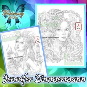 K&ouml;nnte beinhalten: Zwei schwarz-wei&szlig;e druckbare Malvorlagen mit detaillierten Illustrationen von Frauen mit floralen Elementen. Die Seiten sind mit "Jennifer Zimmerman" betitelt.