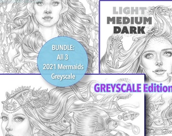 Paquete de páginas para colorear en escala de grises de sirena, Amatheia, Thalassa, Calypso, retratos, tema del océano, para tonos de piel, sirena, pdf, jennifer zimmermann
