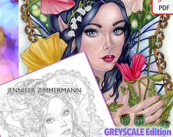 Faebruary, Poppy Fae, página para colorear, ESCALA DE GRISES, arte sombreado, retrato de hadas, imprimible, PDF, colorear, escala de grises, descargar, jennifer zimmermann