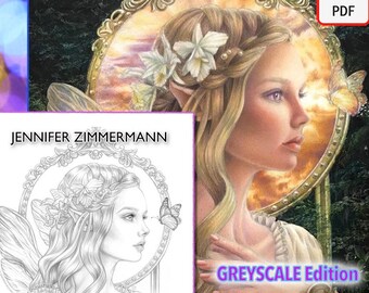 Aurae Fae, ninfa, hada, escala de grises, escala de grises, página para colorear, retrato, día de San Valentín, imprimible, descarga digital,PDF, jennifer zimmermann