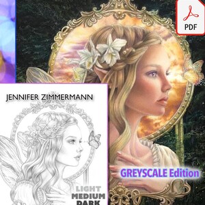 Puede incluir: Una página para colorear en escala de grises que representa a una mujer con el pelo largo y una corona de flores, mirándose en un espejo. La imagen está enmarcada con un marco dorado ornamentado y tiene el texto "LIGHT MEDIUM DARK" y "GREYSCALE Edition". El nombre del artista, "JENNIFER ZIMMERMANN", está en la parte superior de la página.